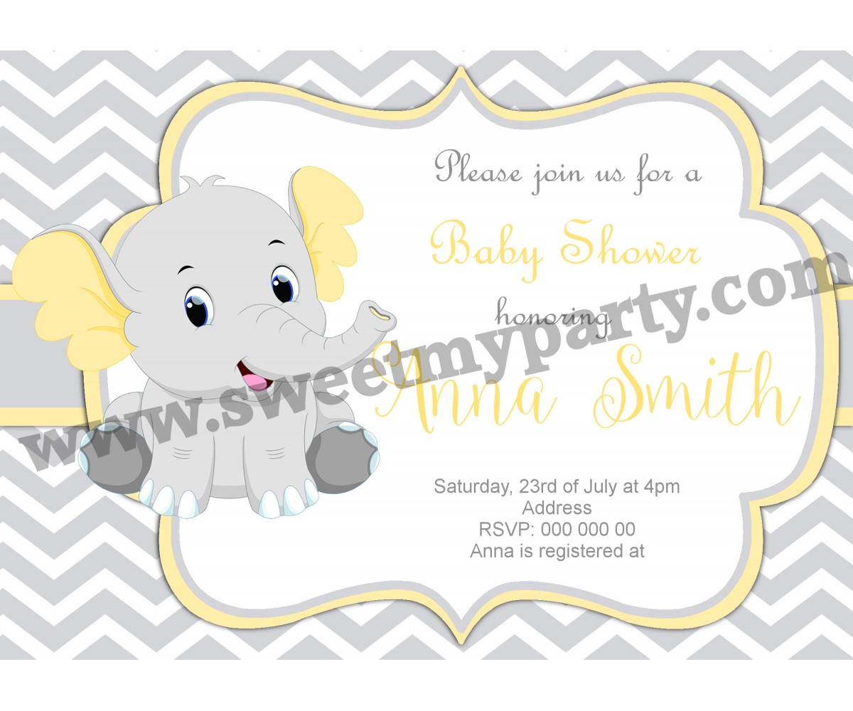 Yellow and grey elephant Baby Shower invitation,(005ebs)